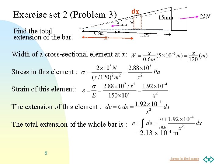 Exercise set 2 (Problem 3) Find the total extension of the bar. o dx