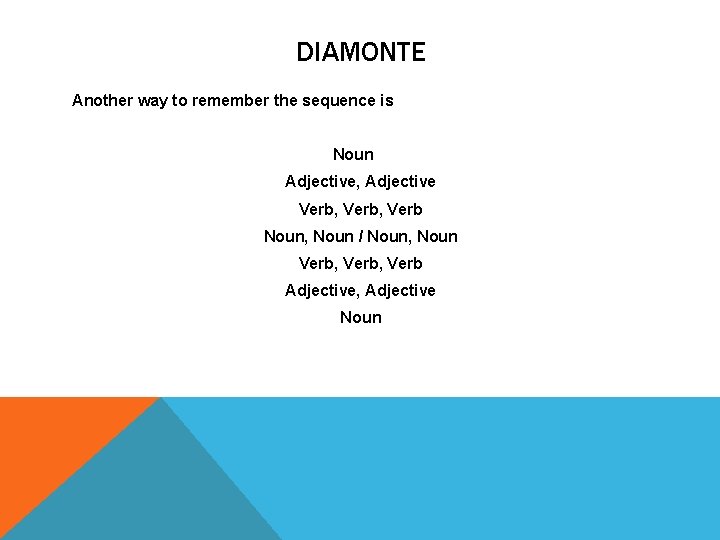 DIAMONTE Another way to remember the sequence is Noun Adjective, Adjective Verb, Verb Noun,