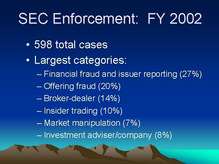 SEC Enforcement: FY 2002 • 598 total cases • Largest categories: – Financial fraud