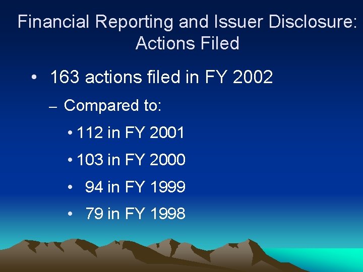 Financial Reporting and Issuer Disclosure: Actions Filed • 163 actions filed in FY 2002