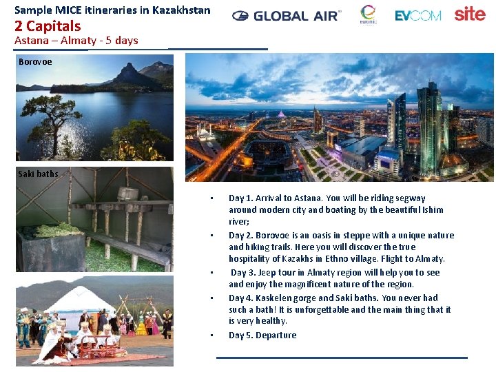 Sample MICE itineraries in Kazakhstan 2 Capitals Astana – Almaty - 5 days Borovoe