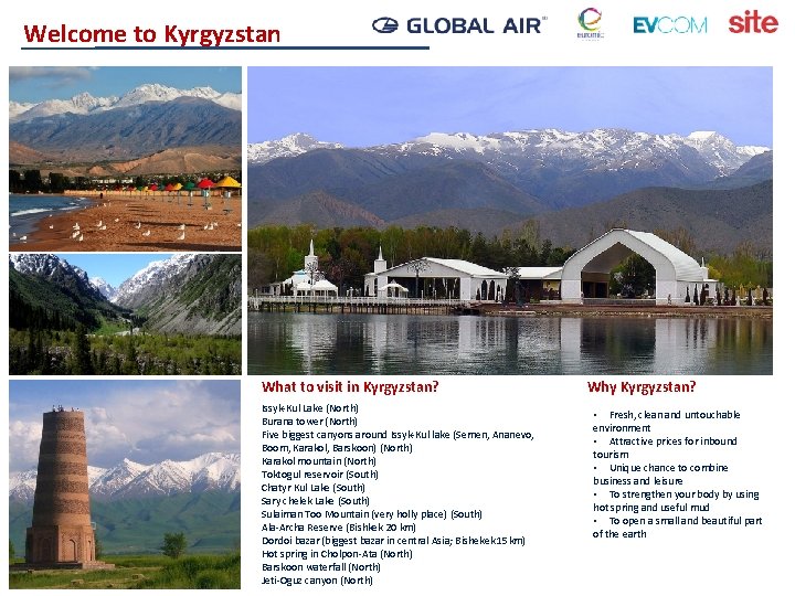 Welcome to Kyrgyzstan What to visit in Kyrgyzstan? Issyk-Kul Lake (North) Burana tower (North)