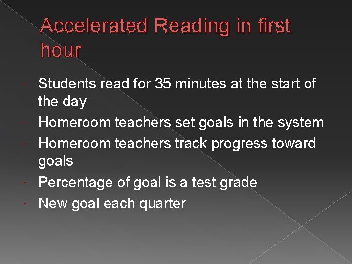 Accelerated Reading in first hour Students read for 35 minutes at the start of