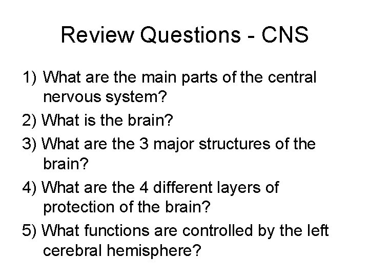 Review Questions - CNS 1) What are the main parts of the central nervous