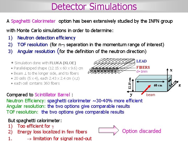 Detector Simulations A Spaghetti Calorimeter option has been extensively studied by the INFN group