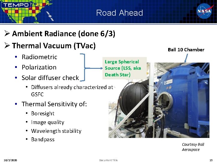 Road Ahead Ø Ambient Radiance (done 6/3) Ø Thermal Vacuum (TVac) • Radiometric •