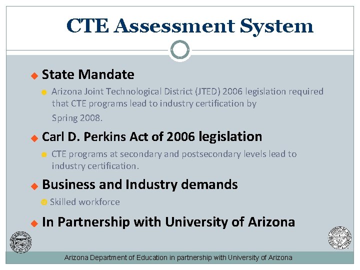 CTE Assessment System State Mandate Carl D. Perkins Act of 2006 legislation CTE programs