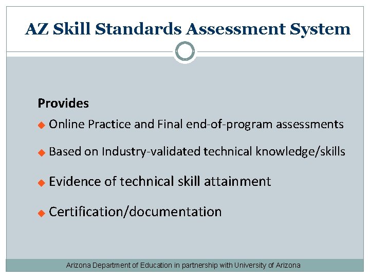 AZ Skill Standards Assessment System Provides Online Practice and Final end-of-program assessments Based on