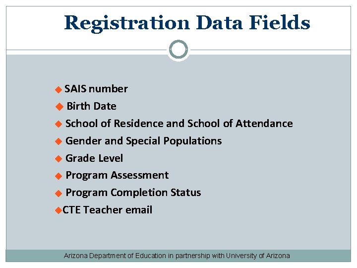 Registration Data Fields SAIS number Birth Date School of Residence and School of Attendance