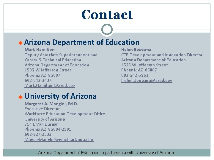Contact Arizona Department of Education Mark Hamilton Deputy Associate Superintendent and Career & Technical