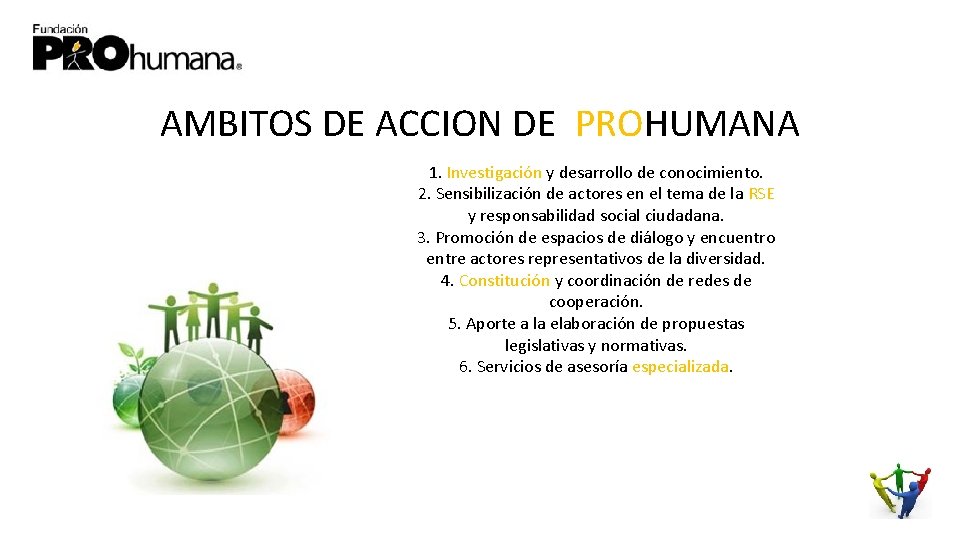 AMBITOS DE ACCION DE PROHUMANA 1. Investigación y desarrollo de conocimiento. 2. Sensibilización de