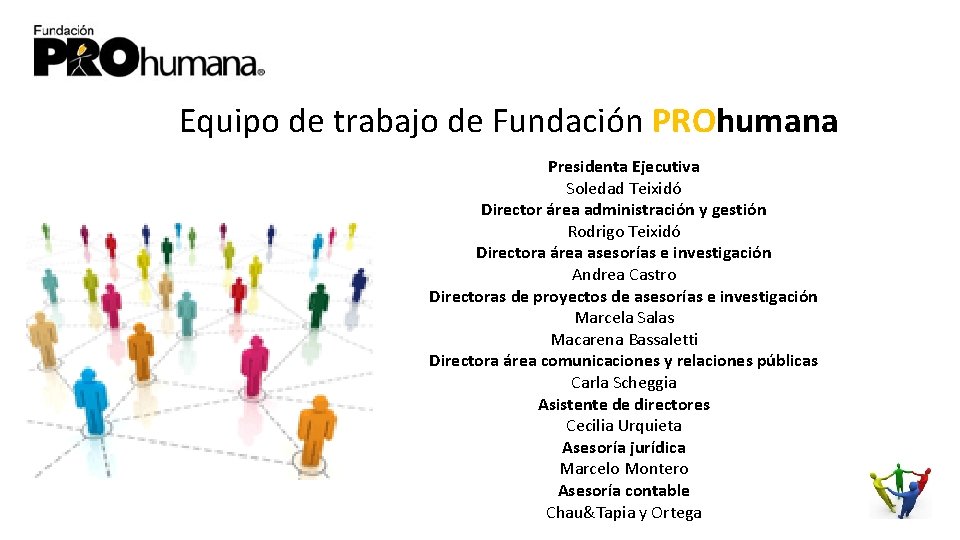 Equipo de trabajo de Fundación PROhumana Presidenta Ejecutiva Soledad Teixidó Director área administración y