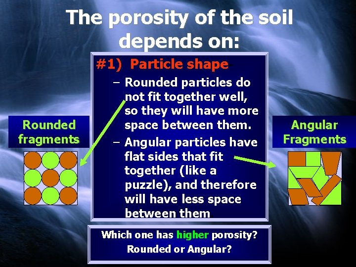 The porosity of the soil depends on: #1) Particle shape- Rounded fragments – Rounded