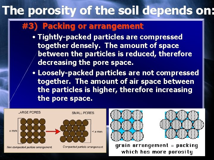 The porosity of the soil depends on: #3) Packing or arrangement • Tightly-packed particles