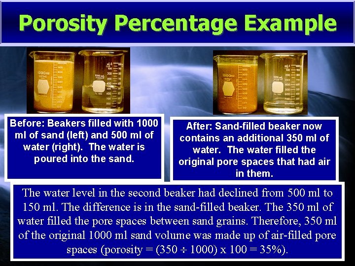 Porosity Percentage Example Before: Beakers filled with 1000 ml of sand (left) and 500