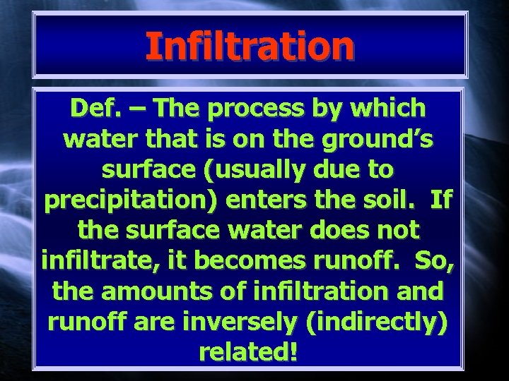 Infiltration Def. – The process by which water that is on the ground’s surface