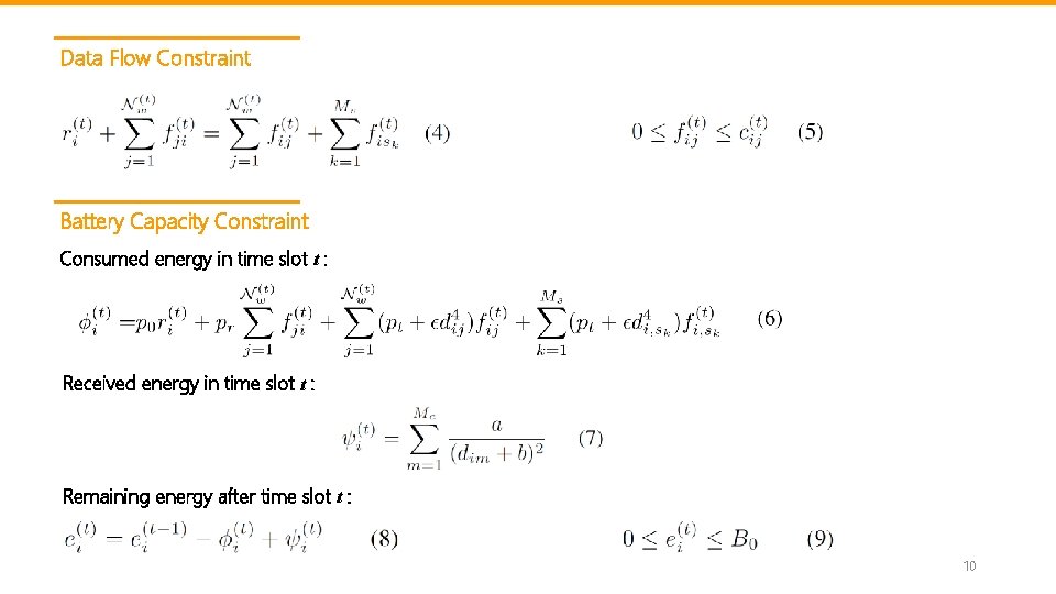 Data Flow Constraint Battery Capacity Constraint Consumed energy in time slot t : Received