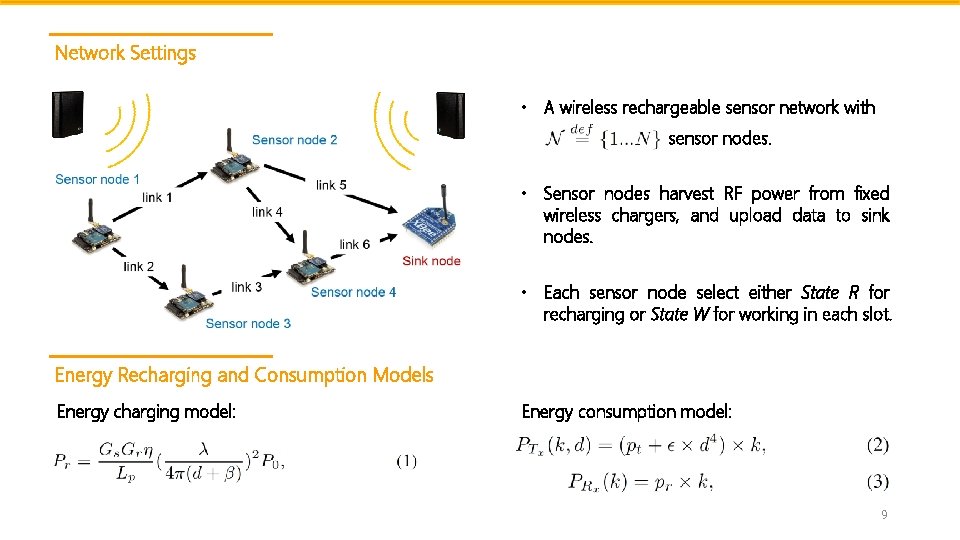 Network Settings • A wireless rechargeable sensor network with sensor nodes. • Sensor nodes