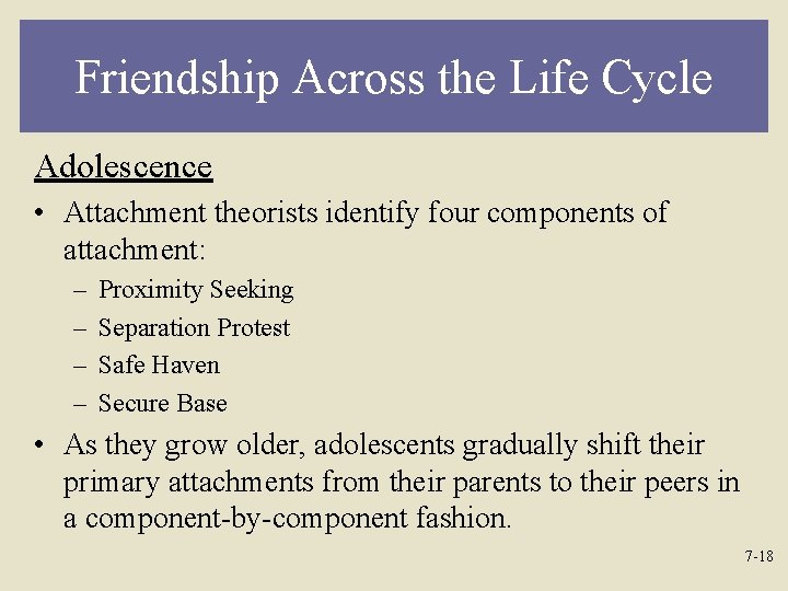 Friendship Across the Life Cycle Adolescence • Attachment theorists identify four components of attachment: