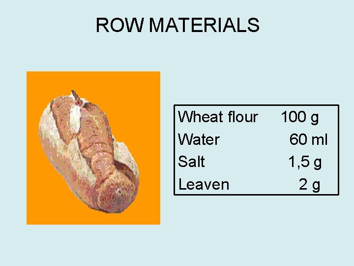 ROW MATERIALS Wheat flour Water Salt Leaven 100 g 60 ml 1, 5 g