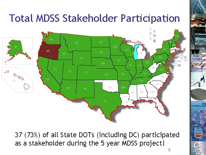 Total MDSS Stakeholder Participation 37 (73%) of all State DOTs (including DC) participated as