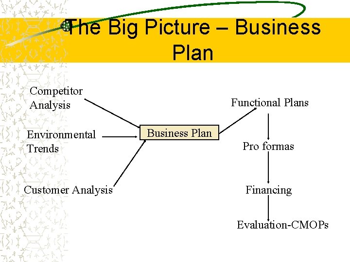 The Big Picture – Business Plan Competitor Analysis Environmental Trends Customer Analysis Functional Plans