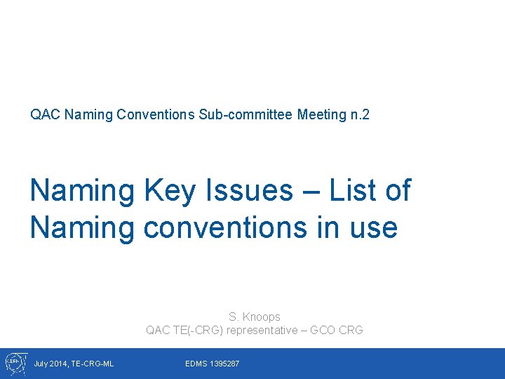 QAC Naming Conventions Sub-committee Meeting n. 2 Naming Key Issues – List of Naming