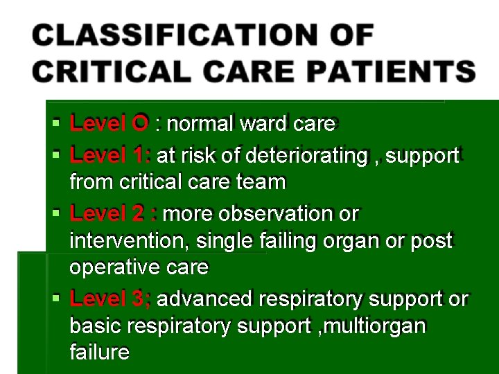 Level O : normal ward care Level 1: at risk of deteriorating , Level O : normal ward care Level 1: at risk of deteriorating ,