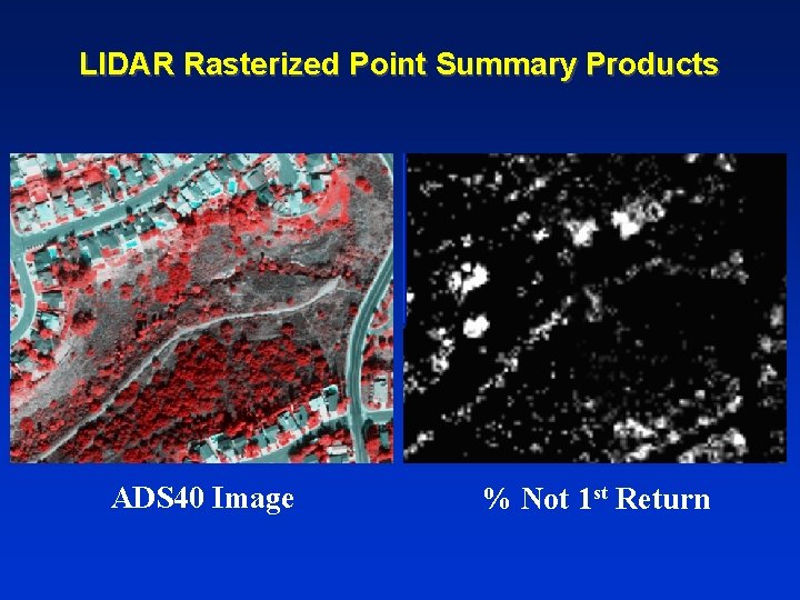 LIDAR Rasterized Point Summary Products ADS 40 Image % Not 1 st Return LIDAR Rasterized Point Summary Products ADS 40 Image % Not 1 st Return