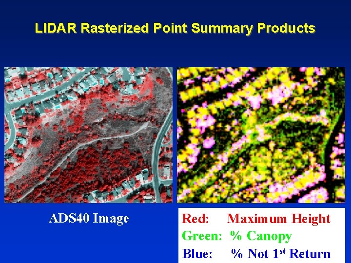 LIDAR Rasterized Point Summary Products ADS 40 Image Red: Maximum Height Green: % Canopy LIDAR Rasterized Point Summary Products ADS 40 Image Red: Maximum Height Green: % Canopy