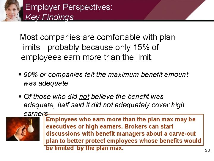 Employer Perspectives: Key Findings Most companies are comfortable with plan limits - probably because