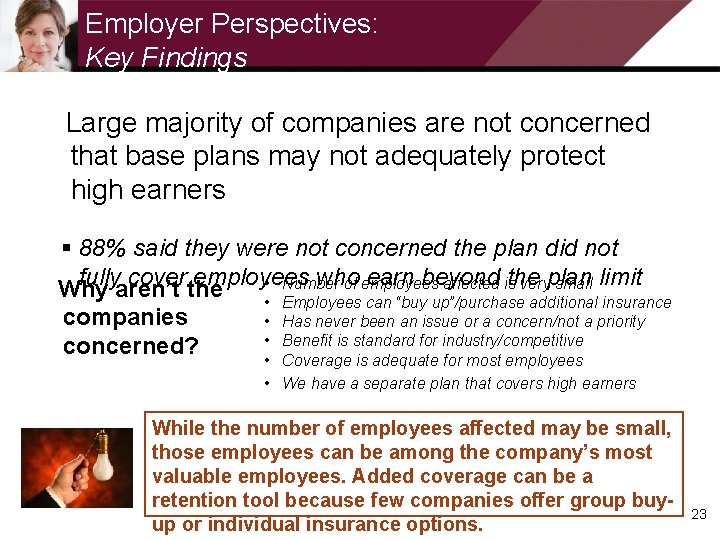 Employer Perspectives: Key Findings Large majority of companies are not concerned that base plans