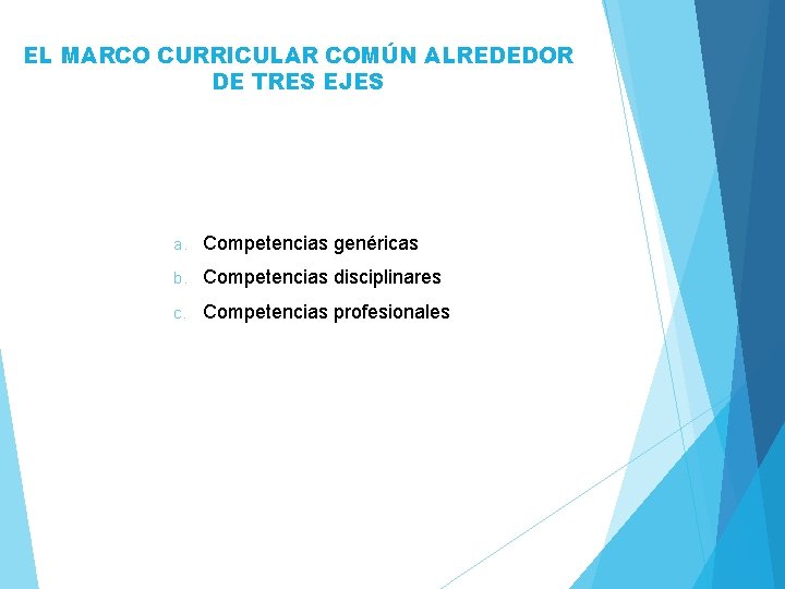 EL MARCO CURRICULAR COMÚN ALREDEDOR DE TRES EJES a. Competencias genéricas b. Competencias disciplinares