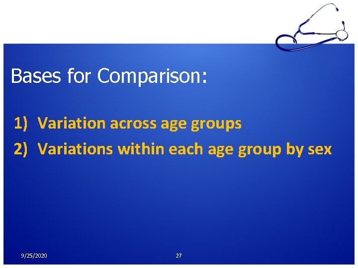 Bases for Comparison: 1) Variation across age groups 2) Variations within each age group Bases for Comparison: 1) Variation across age groups 2) Variations within each age group