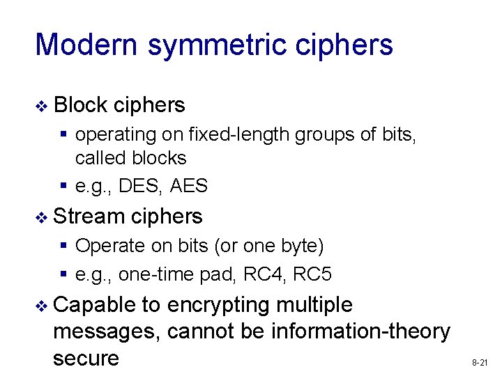 Modern symmetric ciphers v Block ciphers § operating on fixed-length groups of bits, called