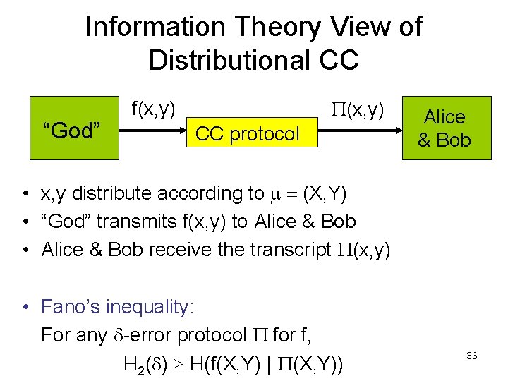 Information Theory View of Distributional CC “God” P(x, y) f(x, y) CC protocol Alice Information Theory View of Distributional CC “God” P(x, y) f(x, y) CC protocol Alice