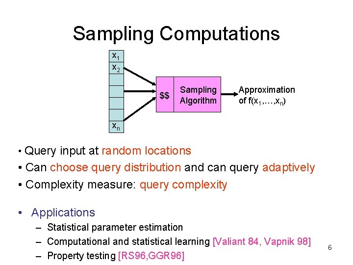 Sampling Computations x 1 x 2 $$ Sampling Algorithm Approximation of f(x 1, …, Sampling Computations x 1 x 2 $$ Sampling Algorithm Approximation of f(x 1, …,