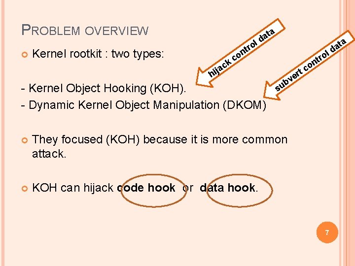 PROBLEM OVERVIEW Kernel rootkit : two types: a l ro t n t da