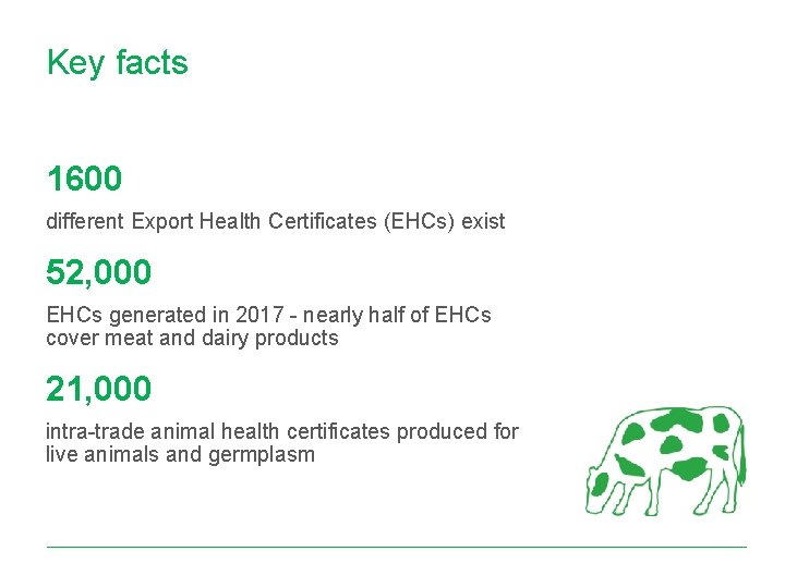 Key facts 1600 different Export Health Certificates (EHCs) exist 52, 000 EHCs generated in