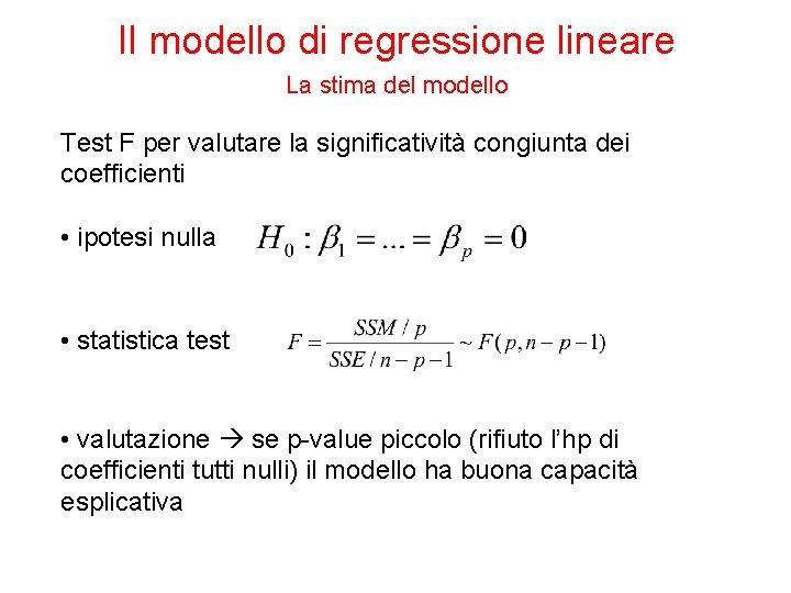 Il modello di regressione lineare La stima del modello Test F per valutare la