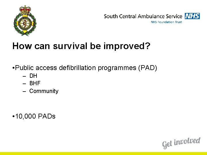 How can survival be improved? • Public access defibrillation programmes (PAD) – DH – How can survival be improved? • Public access defibrillation programmes (PAD) – DH –