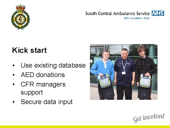Kick start • Use existing database • AED donations • CFR managers support • Kick start • Use existing database • AED donations • CFR managers support •