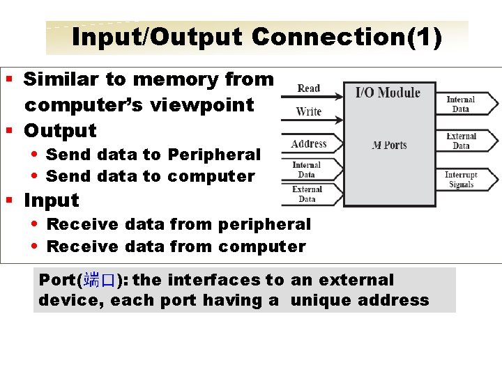 Input/Output Connection(1) § Similar to memory from computer’s viewpoint § Output • Send data