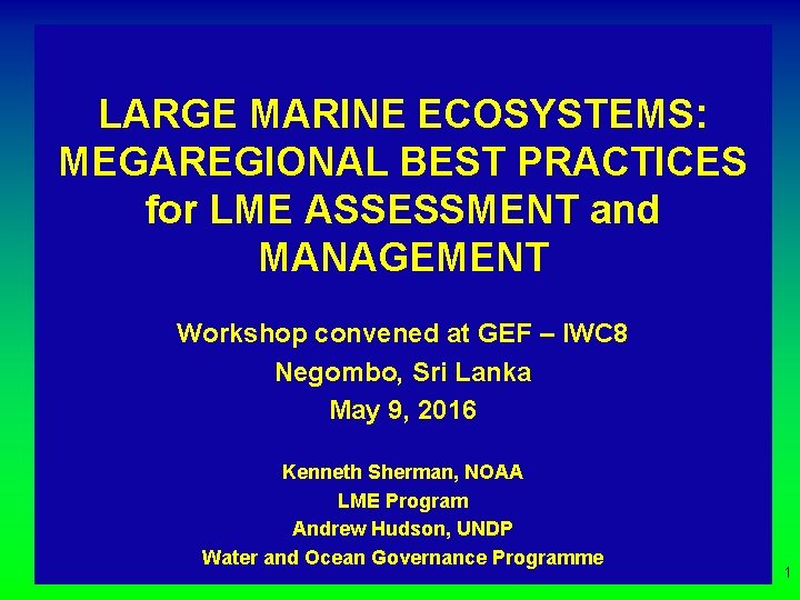 LARGE MARINE ECOSYSTEMS: MEGAREGIONAL BEST PRACTICES for LME ASSESSMENT and MANAGEMENT Workshop convened at