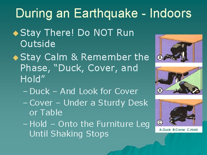 During an Earthquake - Indoors u Stay There! Do NOT Run Outside u Stay