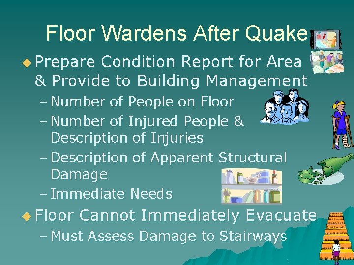 Floor Wardens After Quake u Prepare Condition Report for Area & Provide to Building