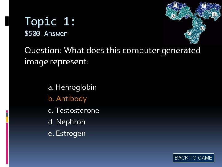 Topic 1: $500 Answer Question: What does this computer generated image represent: a. Hemoglobin