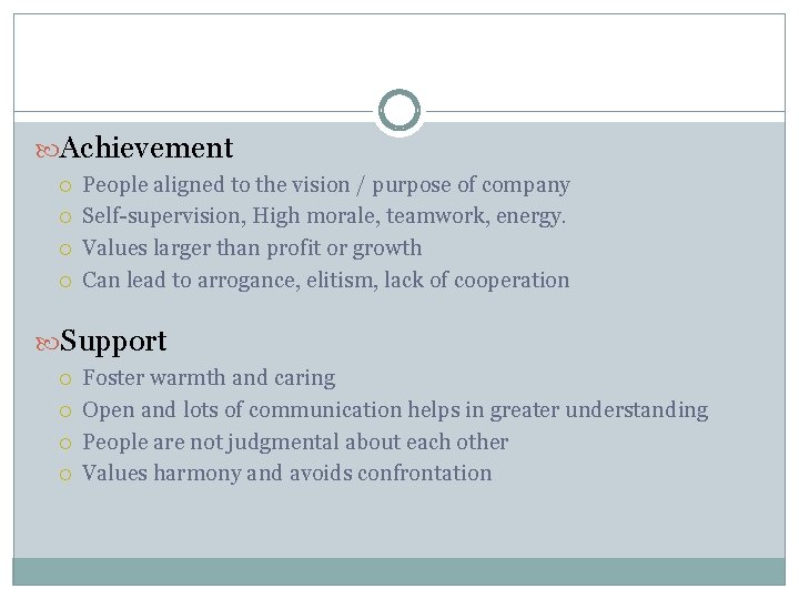  Achievement People aligned to the vision / purpose of company Self-supervision, High morale,