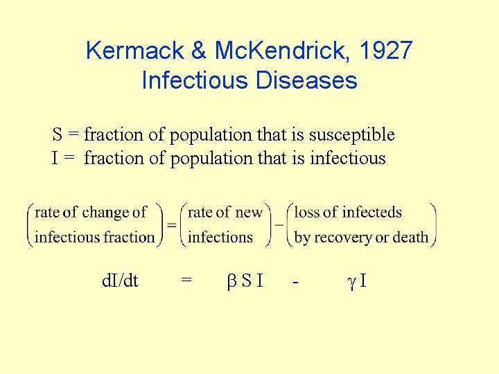 Kermack & Mc. Kendrick, 1927 Infectious Diseases S = fraction of population that is