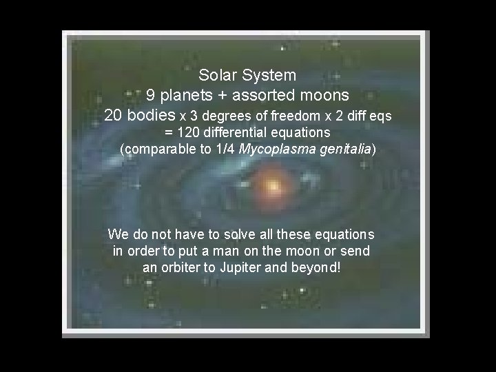 Solar System 9 planets + assorted moons 20 bodies x 3 degrees of freedom